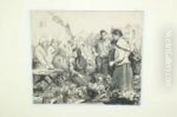 R.w.s., R.i., R.o.i., R.e., N.s.
 Market Place With Figures, Possibly Brittany Signed Artist's Proof, 
Black And White Drypoint Etching, 23cm By 25.5cm Oil Painting by William Lee Hankey