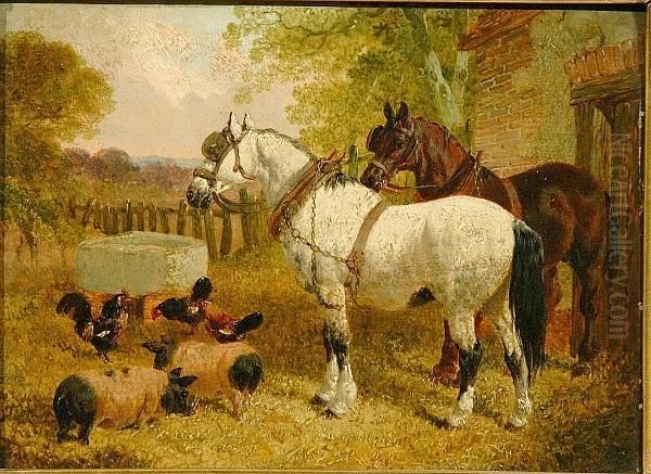 A Farmyard Scene With Horses, 
Chickens And A Goat; A Farmyard Scene With Horses, Pigs And Chickens Oil Painting by John Frederick Herring Snr