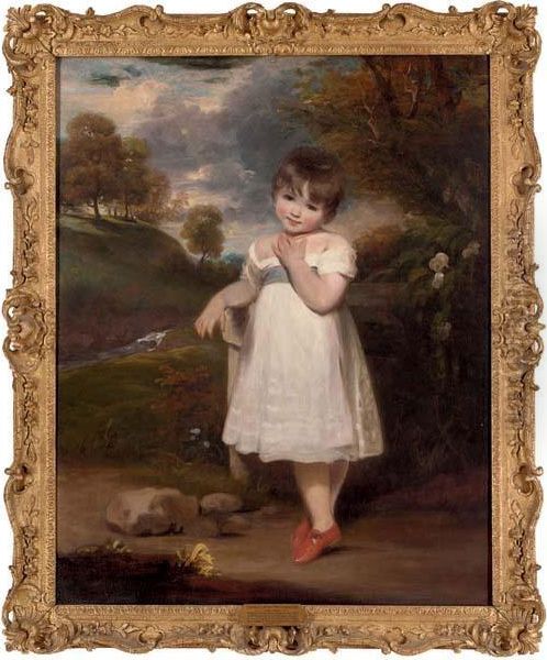 Portrait Of Emma Laura Whitbread
 (d. 1857), Full-length, In A White Dress With A Blue Sash And A Coral 
Necklace, In A Wooded Landscape Oil Painting by John Hoppner