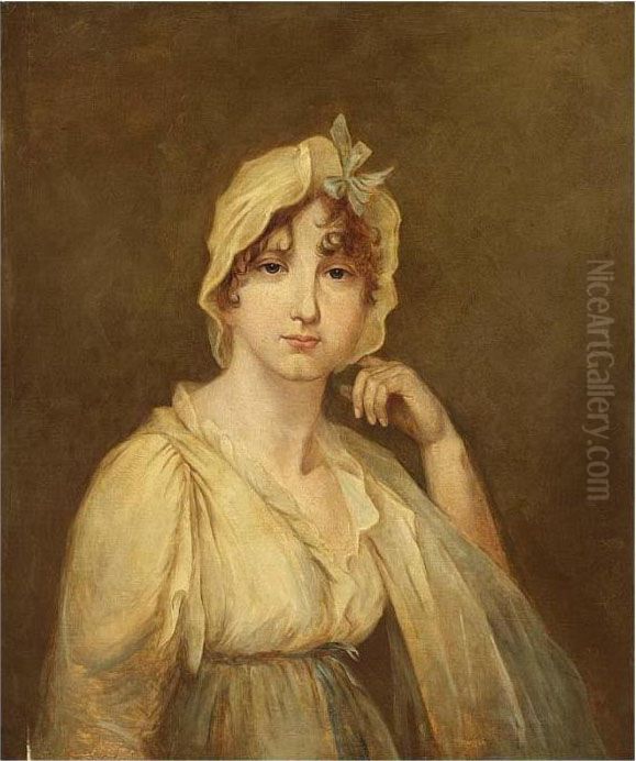 R.a., A Portrait Of A Lady, Half
 Length, Wearing A White Dress With A White Cap And Blue Ribbons Oil Painting by John Hoppner