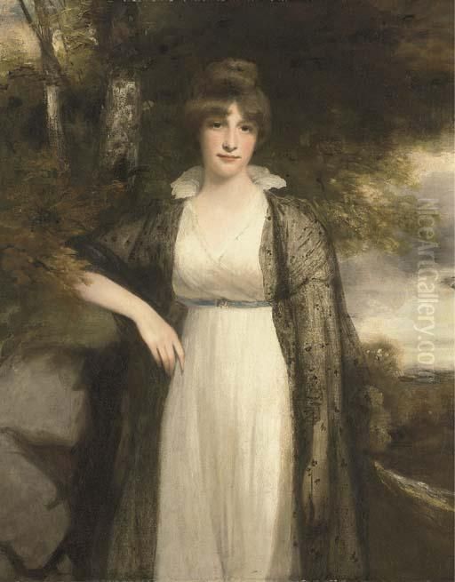 Portrait Of Eleanor Agnes, Wife 
Of Robert, 4th Earl Ofbuckinghamshire, Three-quarter-length, In A White 
Dress And A Blackshawl, In A Wooded Landscape Oil Painting by John Hoppner
