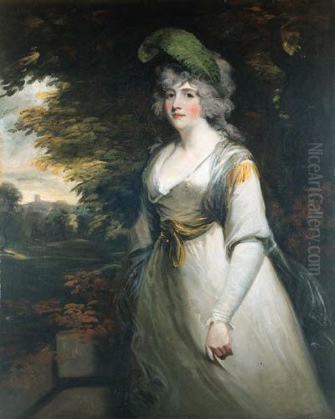 Portrait Of Lady Boothby, 
Three-quarter Length, In A Grey Dress Andwith A Plume In Her Hair, A 
Landscape Beyond Oil Painting by John Hoppner