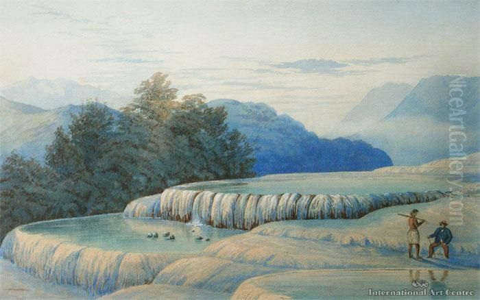 White Terrace With Maori & European
 Figures Oil Painting by John Barr Clarke Hoyte