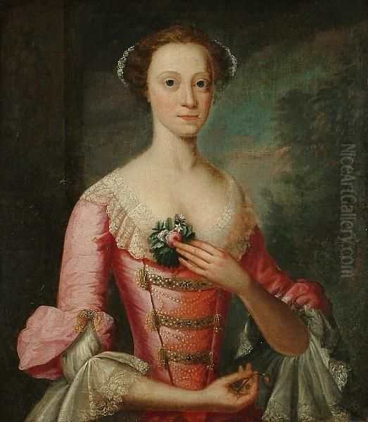 Portrait, Half Length, Of A 
Young Lady Lady Wearing A Dusty Pink Satin Dress Decorated With Pearls, 
Gold Braid And Lace Oil Painting by Thomas Hudson