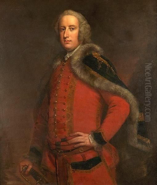 Portrait Of An Officer, Standing
 Three-quarter-length, In A Scarlet Frock Coat With A Blue, Fur-lined 
Cloak, His Hand Resting On A Sword Oil Painting by Thomas Hudson