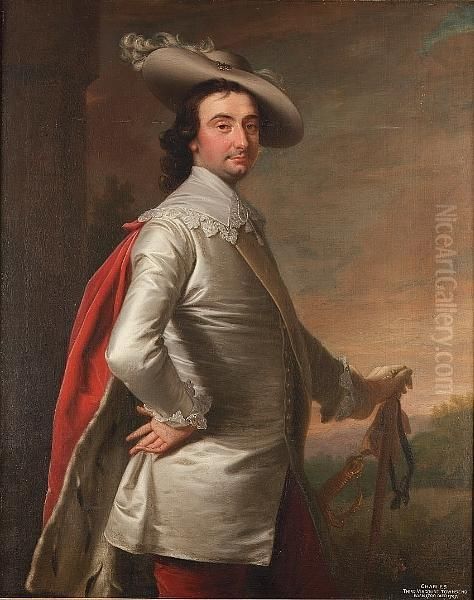 Portrait Of Charles, 3rd 
Viscount Townshend, Standing Three-quarter-length, In A White Coat With A
 Lace Collar, And A Red Fur-lined Cloak, With A White Plumed Hat, A Park
 Landscape Beyond Oil Painting by Thomas Hudson