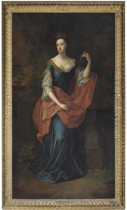 Portrait Of A Lady, Full-length,
 In A Blue Dress And Red Wrap, Resting Her Left Arm On A Plinth, In 
Landscape Oil Painting by Sir Godfrey Kneller