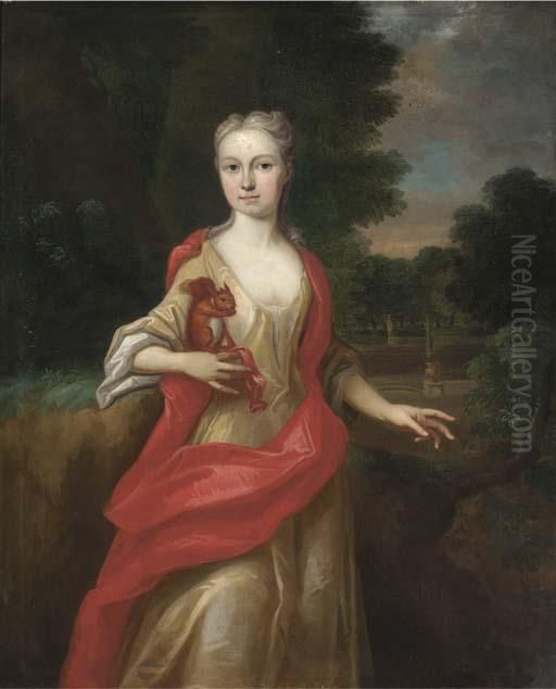 Portrait Of A Lady, 
Three-quarter-length, In A Yellow Dress Andscarlet Wrap, Holding A 
Squirrel In Her Right Hand, In An Extensivelandscape Oil Painting by Sir Godfrey Kneller