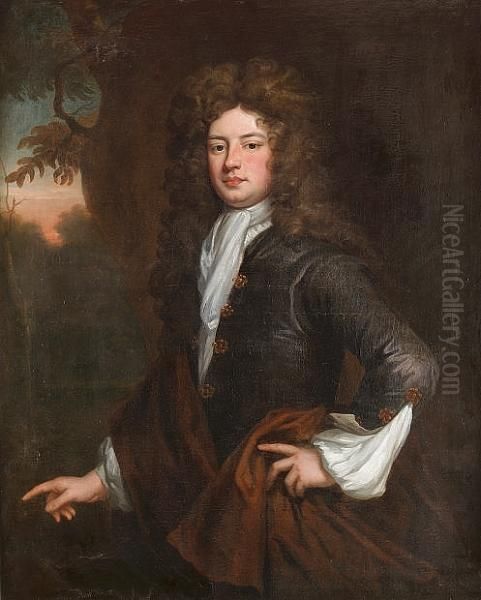 Portrait Of Charles Montagu, 1st
 Earl Of Halifax, Half-length, In A Dark Blue Coat With A Brown Wrap And
 White Jabot Oil Painting by Sir Godfrey Kneller