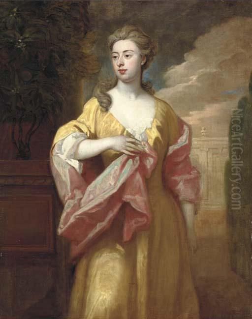 Portrait Of A Lady, 
Three-quarter-length, In A Yellow Dress With Apink Shawl, In A Formal 
Garden By An Orange Tree Oil Painting by Sir Godfrey Kneller