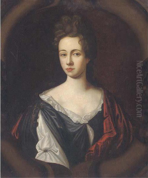 Portrait Of A Lady, Half-length,
 Wearing A White And Black Dresswith A Red Wrap, In A Sculpted Cartouche Oil Painting by Sir Godfrey Kneller