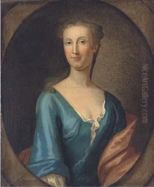 Portrait Of Martha Rawson Of 
Bolling, Bust-length, In A Blue Dressand Red Wrap, In A Feigned Oval Oil Painting by Sir Godfrey Kneller