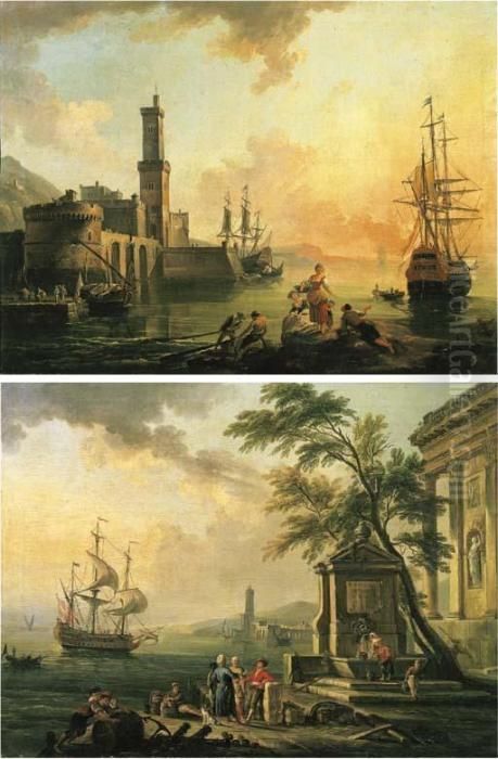 Fishermen And Courtesans In A 
Mediterranean Port At Sunset; Andfishermen And Turkish Merchants In A 
Mediterranean Port Andsunrise Oil Painting by Jean-Baptiste Lallemand