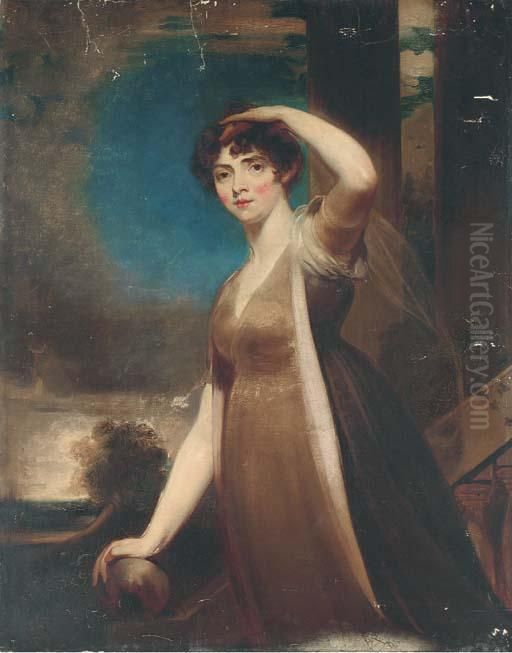 Portrait Of A Lady, 
Three-quarter-length, In A Brown Dress, On The Steps Of A Terrace, 
Looking Towards The Artist Oil Painting by Sir Thomas Lawrence