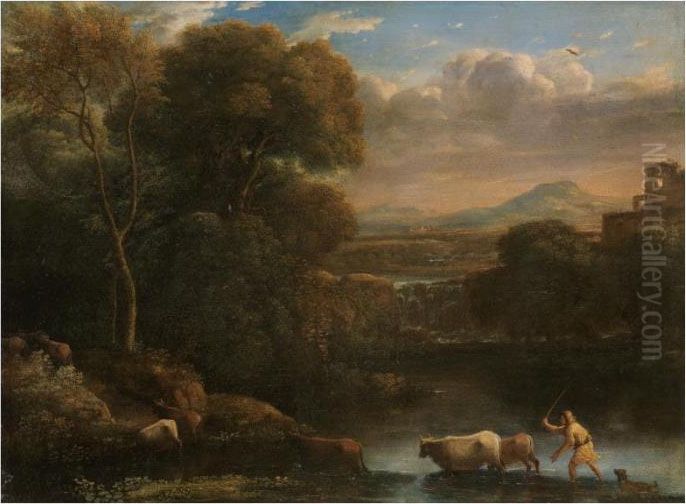 An Italianate Landscape With A 
Drover And His Dog Driving His Cattle Across A Ford, A Waterfall Beyond Oil Painting by Claude Lorrain (Claude Gellee)