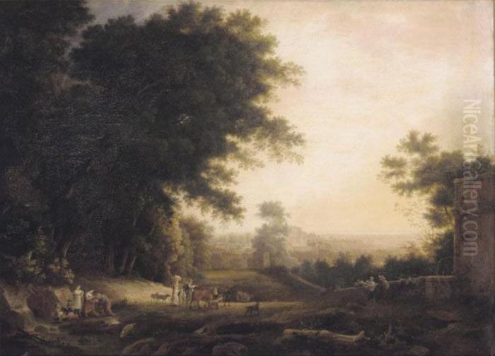 An Italianate Landscape With Figures Drinking From A Spring, A Villa Beyond Oil Painting by Claude Lorrain (Claude Gellee)