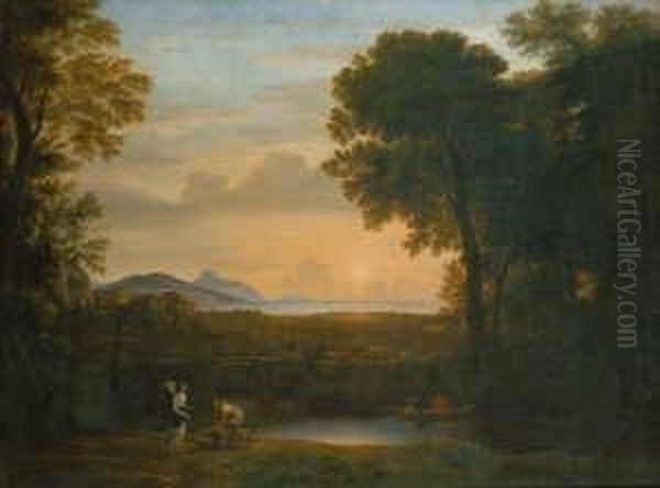 Gellee, Gen. , Nach Landschaft 
Mit Dem Erzengel Raphael Und Tobias. Ol Auf Leinwand . H 116; B 150 Cm. 
Nach Claudes 1663 Entstandenem Gemalde In Der Eremitage, St. Petersburg Oil Painting by Claude Lorrain (Claude Gellee)