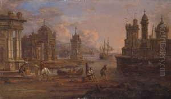 Gellee, Gen. , Nachfolge 
Sudlicher Seehafen. Ol Auf Holz. H 15,5; B 26 Cm. In Einem Reich 
Geschnitzten Und Partiell Vergoldeten Holzrahmen In Spanischem Stil Oil Painting by Claude Lorrain (Claude Gellee)