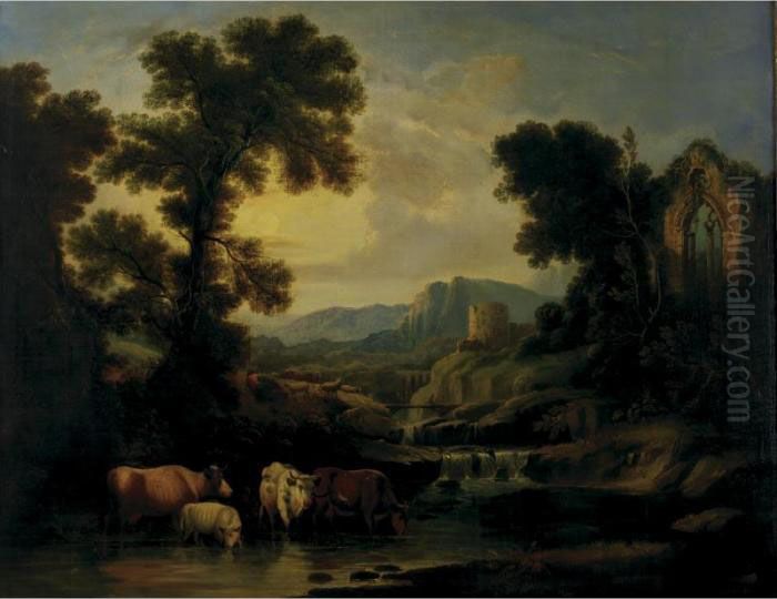 Landscape With Watering Cows And The Ruins Of A Castle In A Distance Oil Painting by Claude Lorrain (Claude Gellee)