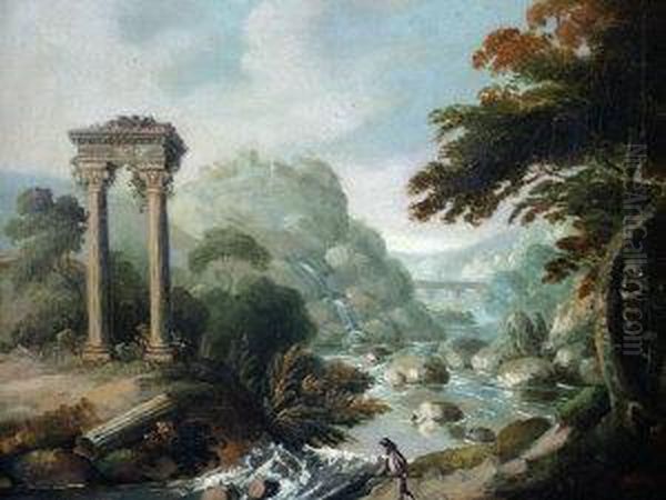 Italianate River Landcsape With A Fisherman By A Ruined Temple Oil Painting by Claude Lorrain (Claude Gellee)