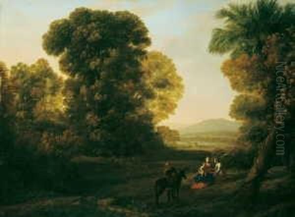 Bewaldete Landschaft Mit Der Rast Der Heiligen Familie. Oil Painting by Claude Lorrain (Claude Gellee)