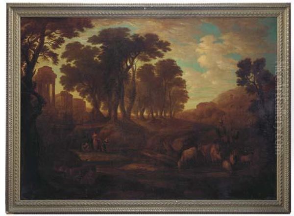 An Extensive Wooded Landscape With Figures And Cattle On A Track, Classical Ruins Beyond Oil Painting by Claude Lorrain (Claude Gellee)