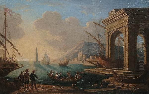 A Seaport With Figures Conversing In The Foreground Oil Painting by Claude Lorrain (Claude Gellee)
