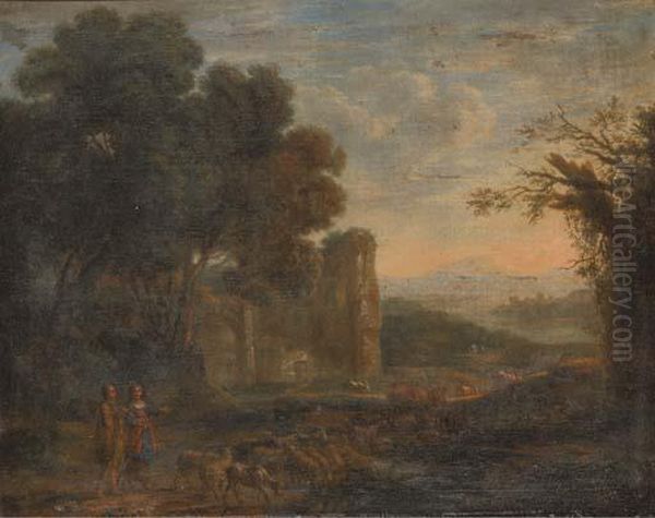 A Landscape With A Shepherd And Shepherdess With Their Flock Oil Painting by Claude Lorrain (Claude Gellee)