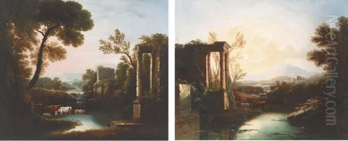 An Italianate Landscape With 
Classical Ruins; And An Italianatelandscape With A Shepherd And Cattle 
By Classical Ruins Oil Painting by Claude Lorrain (Claude Gellee)