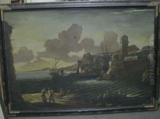 Figures In A Busy Harbor Oil Painting by Claude Lorrain (Claude Gellee)