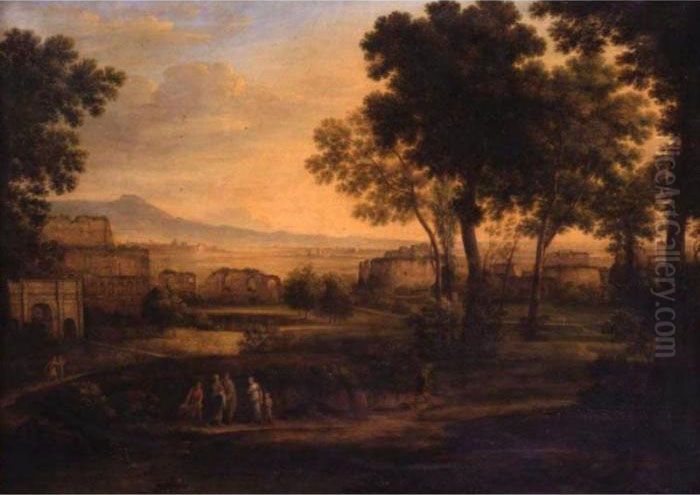 Figures In A Landscape With Ruined Buildings Beyond Oil Painting by Claude Lorrain (Claude Gellee)