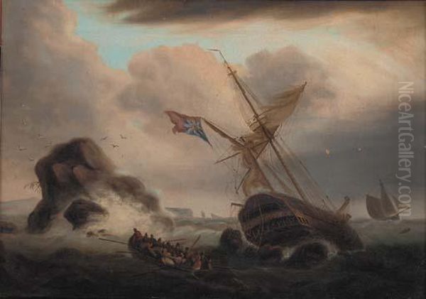 A Ship Foundering Off A Rocky 
Coastline With Survivors In A Rowing Boat Heading For Shore Oil Painting by Thomas Luny