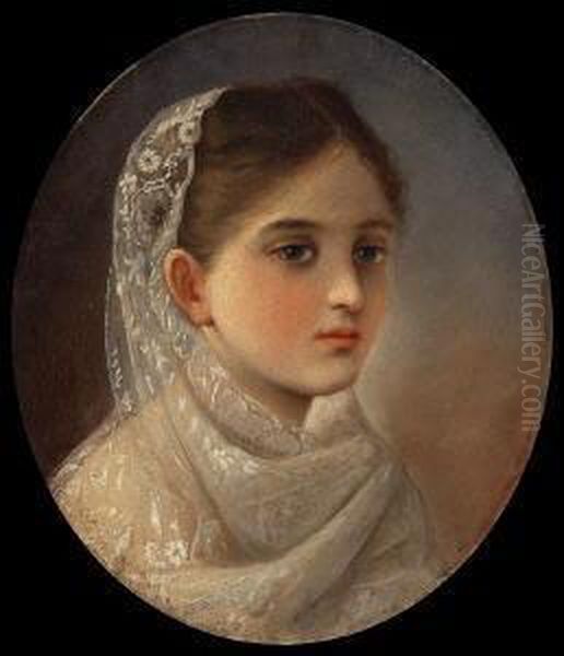 Bildnis Einer Jungen Frau Mit
 Weissem Spitzenschleier. Oil Painting by Konstantin Egorovich Egorovich Makovsky