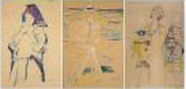 A Group Of Four Drawings, 
Comprising The Tea-drinkers, King Gustav V Of Sweden, Young Russian 
Peasant With Blue Headscarf And Portrait Of A Peasant Woman In Profile Oil Painting by Philippe Andreevitch Maliavine