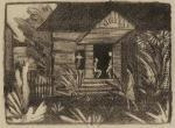 Russisches Haus Mit Sonnenblumen. Oil Painting by Otto Mueller