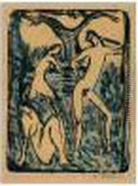 Zwei Madchen Und Stehender Jungling (two Girls And A Standing Boy) Oil Painting by Otto Mueller