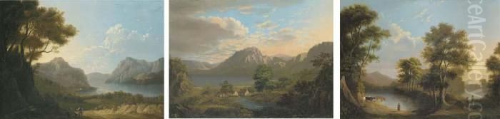An Extensive Highland Landscape 
With Figures On A Path In The Foreground; An Extensive Highland 
Landscape With Cottages In The Foreground; And Cattle Watering In A 
Highland Landscape Oil Painting by Alexander Nasmyth