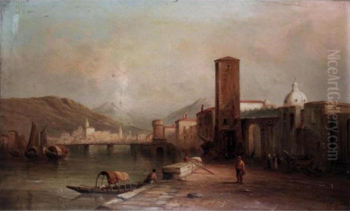 A Port Scene Oil Painting by Alfred Pollentine