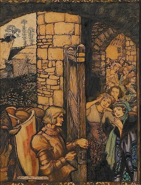 Sir Galahad Opens The Gates Of The Castle Of Maidens Oil Painting by Arthur Rackham