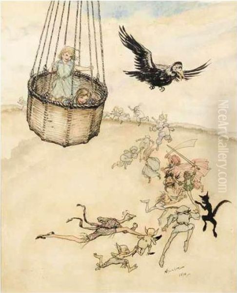 Two Children In The Basket Of A 
Balloon Accompanied By A Rook Soaring Above The Zankiwank And Other 
Running Figures Oil Painting by Arthur Rackham