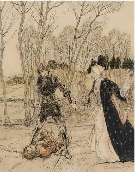 How Beaumains Defeated The Red 
Knight, And Always The Damosel Spake Many Foul Words Unto Him Oil Painting by Arthur Rackham