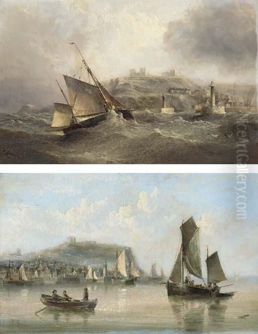 Reducing Sail At The Entrance To
 Whitby Harbour; And The Fishing Fleet Returning To Scarborough Oil Painting by Henry Redmore