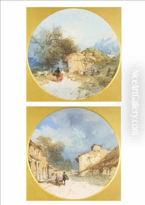 Figures On A Country Lane 
Approaching A Timber Framed Building; Figures On A Sunlit Lane, A 
Building Nearby And Mountains Beyond Oil Painting by Thomas Miles Richardson