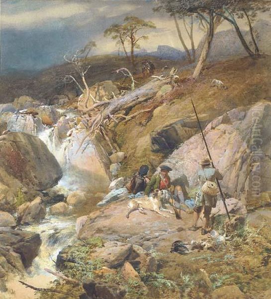 A Highland Burn With An Angler 
Conversing With Two Gillies Other Sportsmen Can Be Seen Approaching From
 The Distance Oil Painting by Thomas Miles Richardson