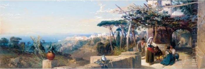 Figures On A Terrace Near Puzzuoli, Naples Oil Painting by Thomas Miles Richardson