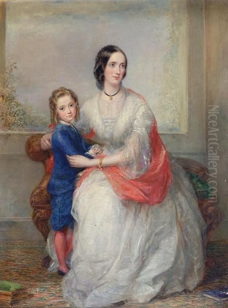 Portrait Of Emmeline Gibb, Wife 
Of Col Charles Gibb, And Her Son Francis, Seated In An Interior Oil Painting by George Richmond