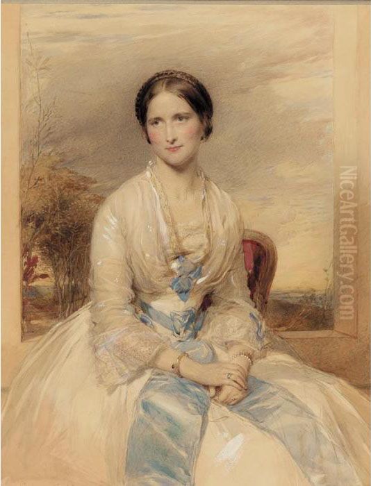 Portrait Of A Young Lady In A 
White Dress With A Blue Sash, On A Terrace, A Landscape Beyond Oil Painting by George Richmond