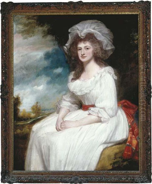 Portrait Of Mrs. Anne Blackburn,
 Three-quarter Length, In A Whitedress, A Landscape Beyond Oil Painting by George Romney