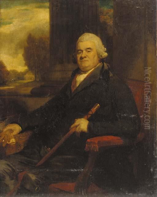 Portrait Of Sir Benjamin Truman,
 Seated Three-quarter-length, In A Dark Green Coat, Holding A Cane In 
His Left Hand, A Country House Beyond Oil Painting by George Romney
