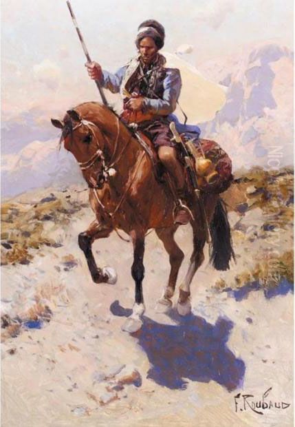 Lone Caucasian Warrior On Horseback Oil Painting by Franz Roubaud
